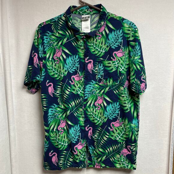 Issac Morris IML flamingo HAWAIIAN short sleeve button shirt‎ green blue mens L - Picture 1 of 5